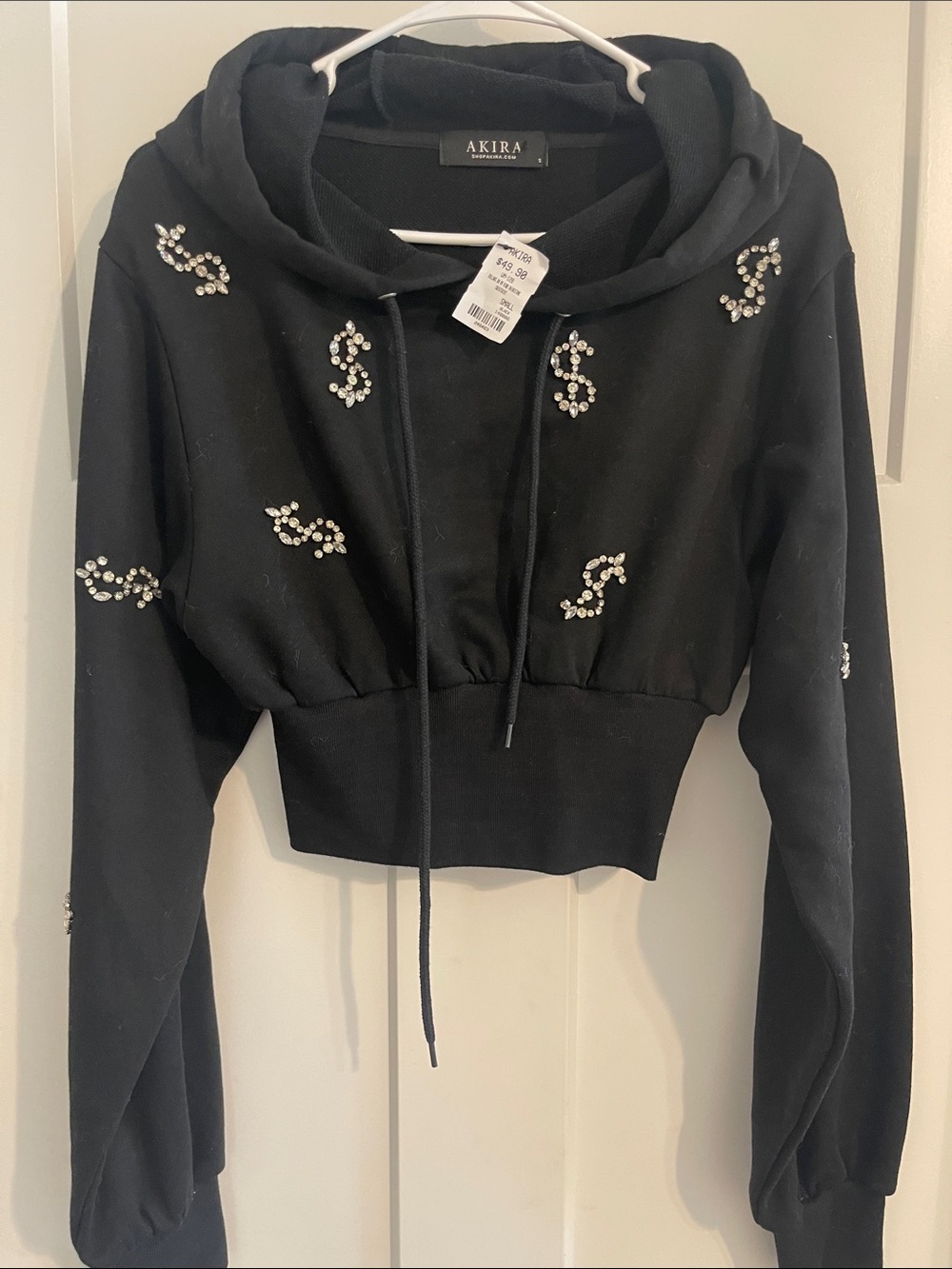 AKIRA Black Cropped Hoodie with Crystal Dollar Embellishments